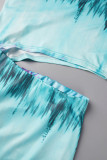 Light Blue Sexy Print Hollowed Out Patchwork Slit Oblique Collar Straight Dresses