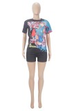 Black Pink Casual Print Basic O Neck Short Sleeve Two Pieces