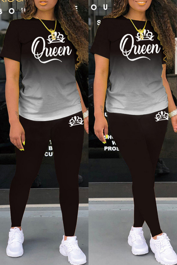 Black Casual Gradual Change Letter Print Basic O Neck Short Sleeve Two Pieces