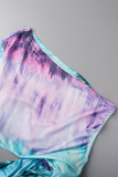 Light Blue Sexy Print Hollowed Out Patchwork Slit Oblique Collar Straight Dresses