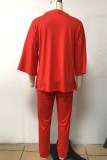 Red Casual Print Letter O Neck Three Quarter Two Pieces