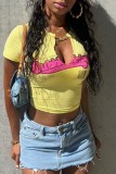 Yellow Casual Letter Print Basic V Neck T-Shirts