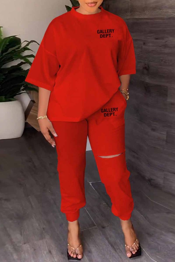 Red Casual Print Letter O Neck Three Quarter Two Pieces