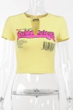 Yellow Casual Letter Print Basic V Neck T-Shirts