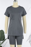 Light Yellow Casual Solid Basic O Neck Short Sleeve Two Pieces