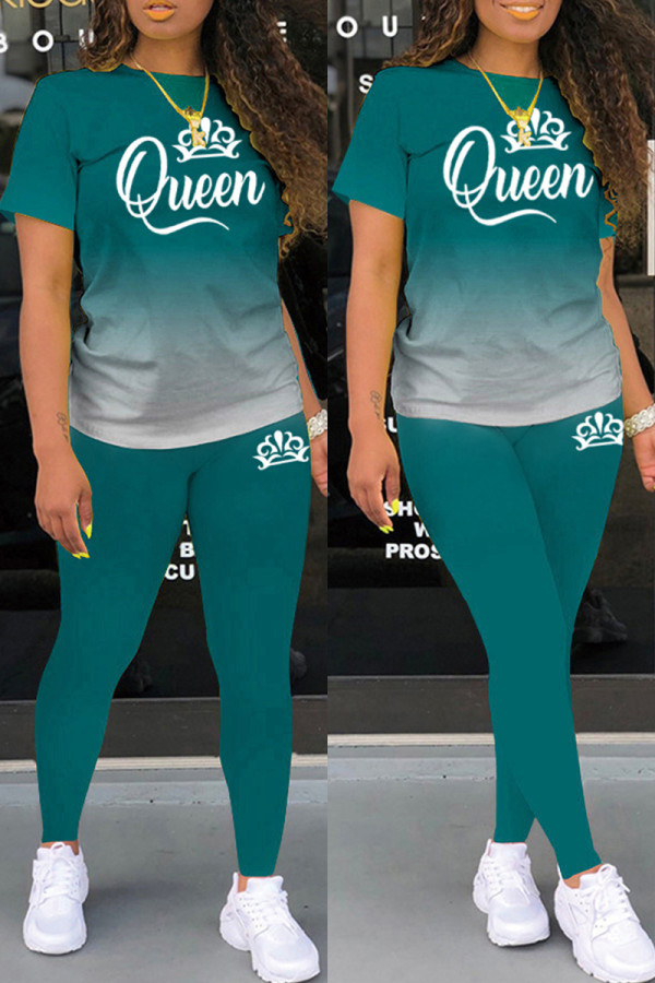 Dark Green Casual Gradual Change Letter Print Basic O Neck Short Sleeve Two Pieces