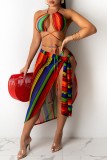 Multicolor Sexy Print Bandage Backless Swimsuit Three Piece Set (With Paddings)
