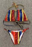 Multicolor Sexy Print Bandage Backless Swimsuit Three Piece Set (With Paddings)