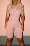 Pink Casual Sportswear Solid Letter O Neck Short Sleeve Two Pieces
