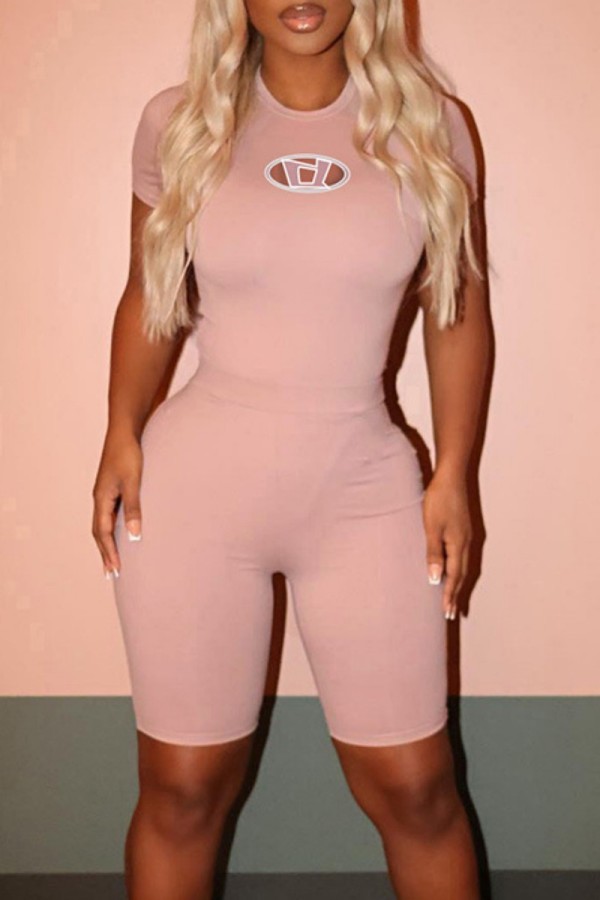 Pink Casual Sportswear Solid Letter O Neck Short Sleeve Two Pieces