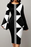 Red Casual Print Patchwork O Neck One Step Skirt Dresses