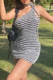 Black Sexy Striped Bandage Backless Oblique Collar Sleeveless Dress Dresses