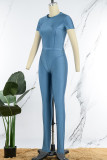 Blue Casual Solid Basic O Neck Short Sleeve Two Pieces