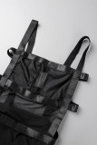 Black Sexy Solid Patchwork See-through Backless Spaghetti Strap Sleeveless Two Pieces