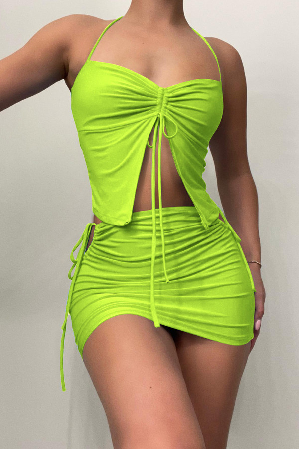 Fluorescent Green Sexy Solid Draw String Frenulum Backless Halter Sleeveless Two Pieces