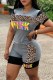 Grey Casual Street Print Patchwork Letter O Neck Short Sleeve Two Pieces