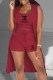 Burgundy Casual Print Letter U Neck Sleeveless Three Pieces