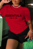 Red Casual Letter Print Basic O Neck Short Sleeve Two Pieces