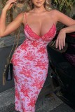 Pink Sexy Print Backless V Neck Sling Dress Dresses