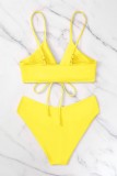 Yellow Sexy Solid Frenulum Backless Swimwears (With Paddings)