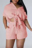 Pink Casual Solid Patchwork Shirt Collar Short Sleeve Two Pieces