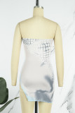 White Sexy Print Backless Slit Strapless Sleeveless Dress Dresses