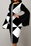 Red Casual Print Patchwork O Neck One Step Skirt Dresses