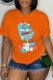 Orange Casual Print Letter O Neck T-Shirts