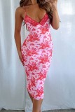 Pink Sexy Print Backless V Neck Sling Dress Dresses