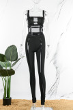 Black Sexy Solid Patchwork See-through Backless Spaghetti Strap Sleeveless Two Pieces