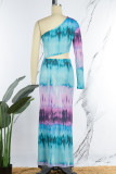 Light Blue Sexy Print Hollowed Out Patchwork Slit Oblique Collar Straight Dresses