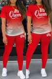 Red Casual Gradual Change Letter Print Basic O Neck Short Sleeve Two Pieces