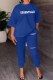 Royal Blue Casual Print Letter O Neck Three Quarter Two Pieces