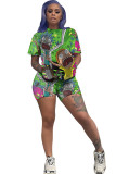 Green Fashion Casual adult Ma'am Patchwork Print Two Piece Suits pencil Half Sleeve Two Pieces