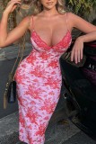 Pink Sexy Print Backless V Neck Sling Dress Dresses