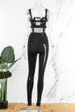 Black Sexy Solid Patchwork See-through Backless Spaghetti Strap Sleeveless Two Pieces