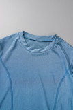 Blue Casual Solid Basic O Neck Short Sleeve Two Pieces