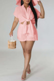 Pink Casual Solid Patchwork Shirt Collar Short Sleeve Two Pieces