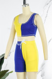 Yellow Blue Casual Sportswear Solid Patchwork U Neck Two Pieces