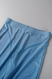 Blue Casual Solid Basic O Neck Short Sleeve Two Pieces