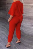 Red Casual Print Letter O Neck Three Quarter Two Pieces