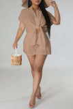 Pink Casual Solid Patchwork Shirt Collar Short Sleeve Two Pieces