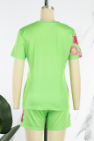 Fluorescent Color Casual Street Print Patchwork O Neck Short Sleeve Two Pieces