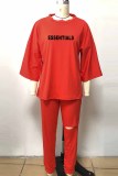 Red Casual Print Letter O Neck Three Quarter Two Pieces