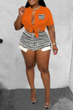 Orange Sexy Striped Patchwork V Neck Short Sleeve Two Pieces