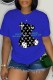 Blue Casual Print Letter O Neck T-Shirts