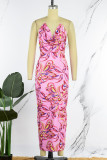 Pink Sexy Casual Print Backless V Neck Long Dress Dresses