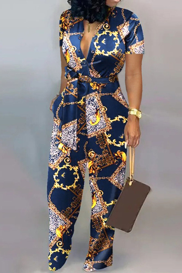 Navy Blue Casual Print Patchwork Buckle Turndown Collar Straight Jumpsuits