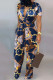 Navy Blue Casual Print Patchwork Buckle Turndown Collar Straight Jumpsuits