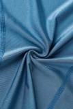 Blue Casual Solid Basic O Neck Short Sleeve Two Pieces
